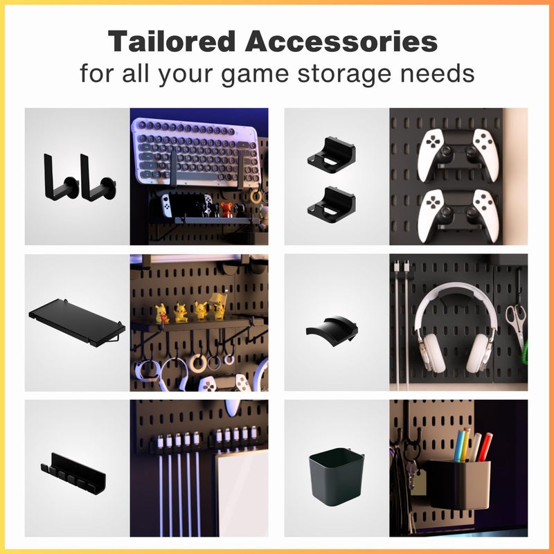 KEEPO Pegboard Combination Kit, Pegboards and Accessories Modular Hanging for Gaming Setup, Gaming Station Peg Board, Gaming Organizer, Wall Game Controller Holder, Headset Stand, (Black, 22″×22″) - Image 4
